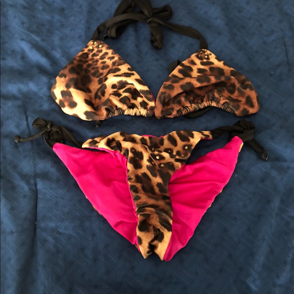 Leopard Custom Bikini Small w/ Swarovski crystals Reversible